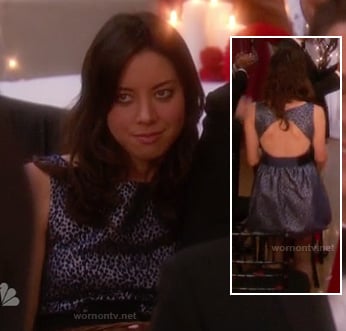 April's blue spot print dress at Leslie's wedding on Parks & Recreation