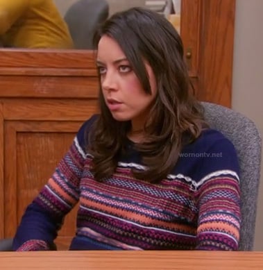 April's navy blue sweater with patterned stripes on Parks & Recreation
