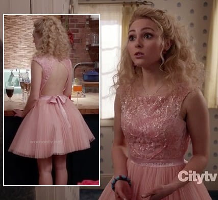 Carrie's pink backless dress with pleated skirt on The Carrie Diaries