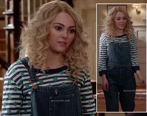 Carrie's denim overalls and striped/polka dot top on The Carrie Diaries