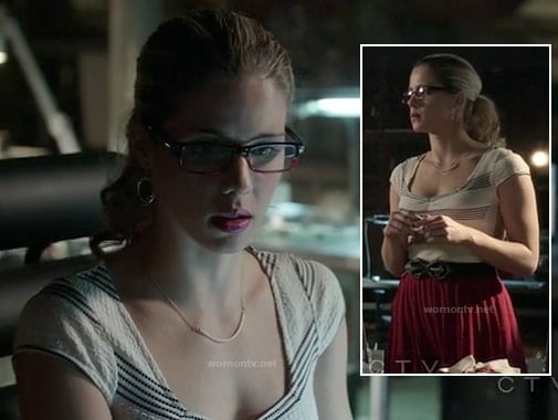 Felicity's white striped textured top with red skirt and bow belt on Arrow