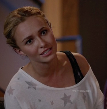 Juliette's white off-shoulder star print sweatshirt on Nashville