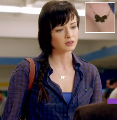 Jenna's blue gingham check shirt and butterfly necklace on Awkward