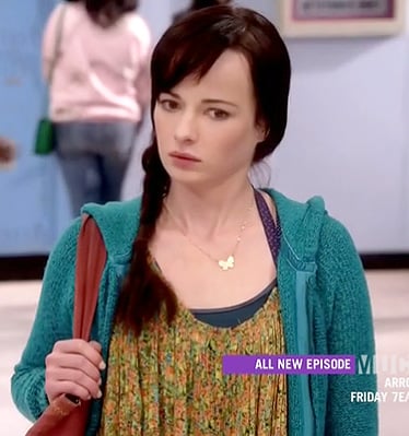 Jenna's green floral cami and teal knit hoodie on Awkward