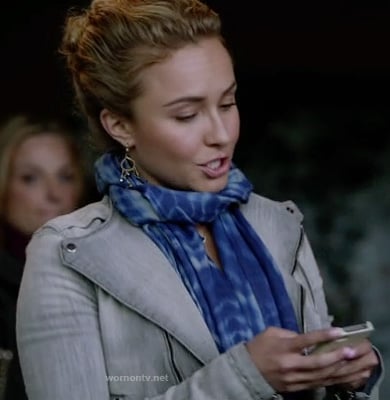 Juliette's grey denim moto jacket and blue tie-dye scarf on Nashville