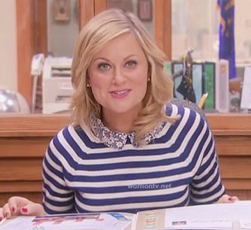 Leslie's blue striped top with floral collar on Parks and Recreation