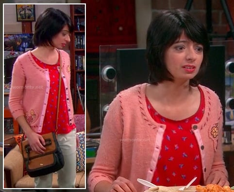 Lucy's red printed top, pink stitch cardigan 