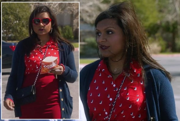 Mindy's red sail boat print shirt and heart sunglasses on The Mindy Project
