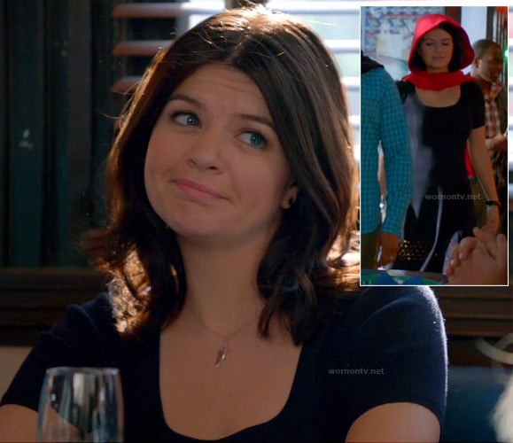 Penny's navy eyelet dress and feather necklace on Happy Endings