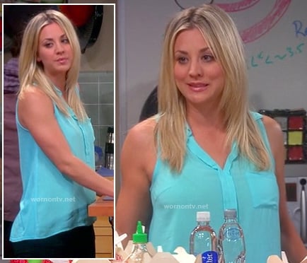 Penny's sky blue sleeveless shirt on The Big Bang Theory
