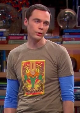 Sheldon's brown Aquaman shirt on The Big Bang Theory