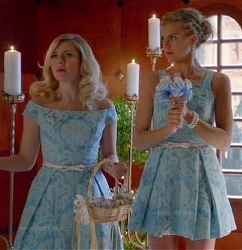 Alex and Jane's blue jacquard bridesmaid dresses on Happy Endings
