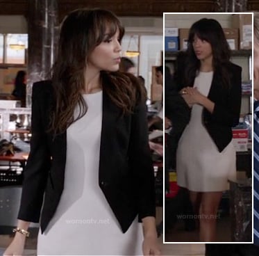 Ashley's white dress and black blazer with high back on Revenge