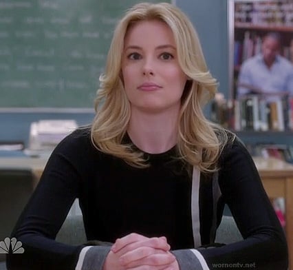 Britta's black, grey, navy and white colorblock sweater on Community