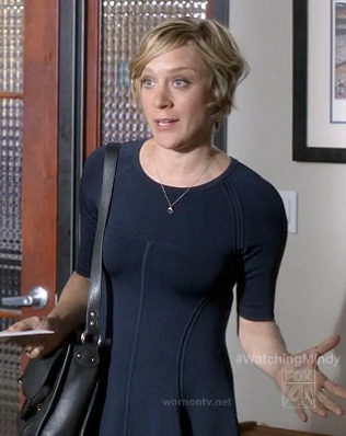Christina's navy blue elbow sleeve dress on The Mindy Project
