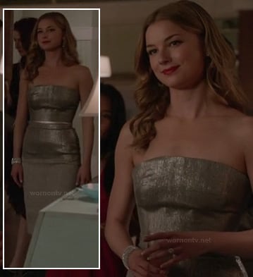 Emily's strapless metallic engagement party dress on Revenge