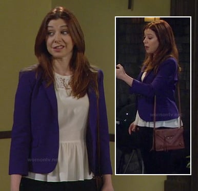 Lily's white lace peplum top and blue blazer on How I Met Your Mother