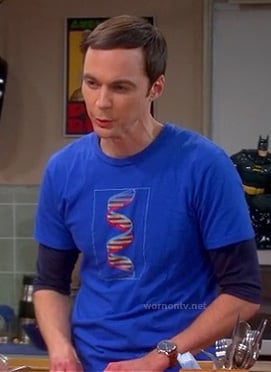 Sheldon's blue superman DNA shirt on The Big Bang Theory