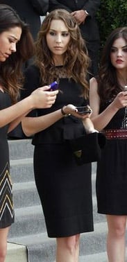 Spencer's black peplum dress with polka dots at the funeral on Pretty Little Liars
