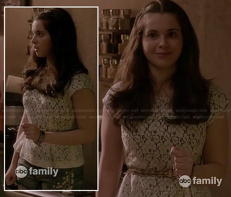 Bay's lace peplum top and denim floral shorts on Switched at Birth