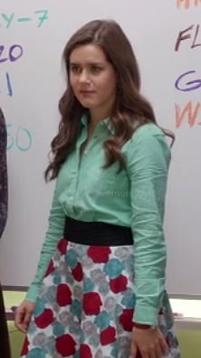 Betsey's floral skirt with mint green shirt on The Mindy Project