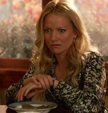Chloe's spot print blouse on The Goodwin Games