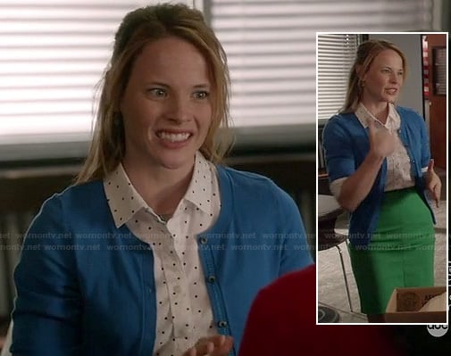 Daphne's white pin dot shirt, green pencil skirt and blue cardigan on Switched at Birth