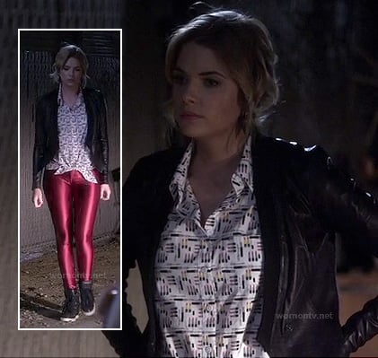 Hanna's black leather jacket and red metallic leggings on Pretty Little Liars