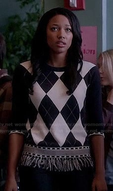 Lacey's navy and white argyle sweater with fringed 