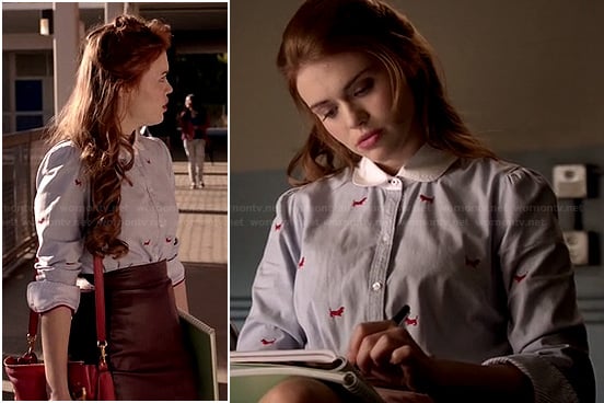 Lydia's dog print shirt and burgundy leather skirt on Teen Wolf