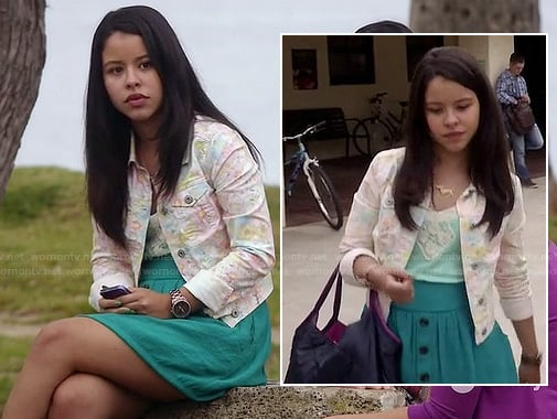 Mariana's floral denim jacket and teal button front skirt on The Fosters