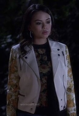Mona's white moto jacket with floral sleeves on Pretty Little Liars