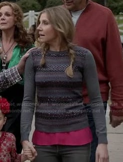 Polly's sequinned stripe sweater with elbow patches on How To Live With Your Parents