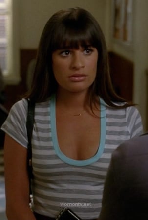 Rachel's grey striped tee with blue trim and tiny arrow necklace on Glee