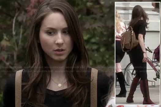 Spencer's black mesh panel dress and tan studded backpack on Pretty Little Liars