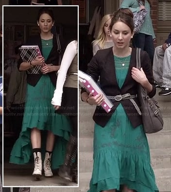 Spencer's green maxi dipped hem / hi-low dress with white combat boots and a black blazer on Pretty Little Liars