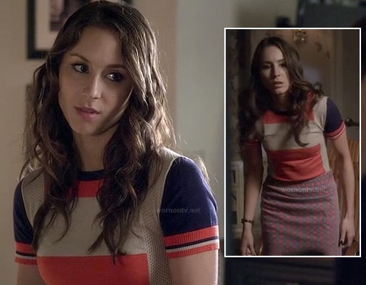 Spencer's blue and orange colorblock tee with check print skirt on Pretty Little Liars