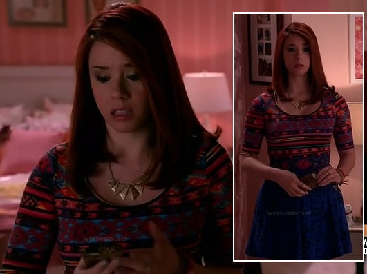 Tamara's blue leopard print skirt, geo printed top and gold plate necklace on Awkward