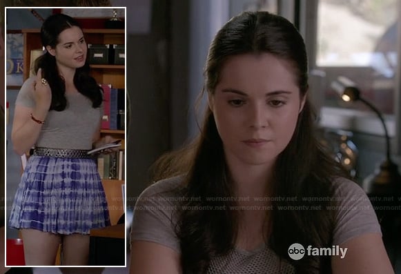 Bay's blue tie dye mini skirt and grey tee on Switched at Birth