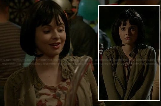 Bay's khaki green jacket with embroidered shoulders on Switched at Birth