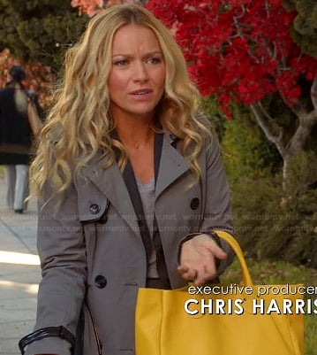 Chloe's grey trench coat with leather trim and yellow tote bag on The Goodwin Games