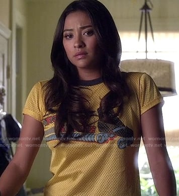 Emily's yellow mesh roller skate tee on Pretty Little Liars
