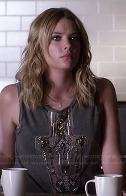 Hanna's grey bead studded muscle tank top on Pretty Little Liars