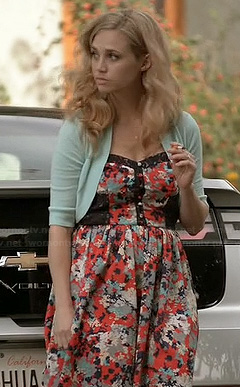 Jenna's floral print dress with navy lace panels and trim on Wilfred