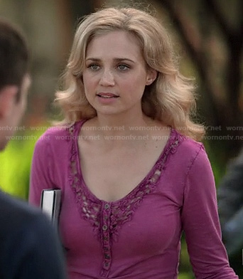 Jenna's magenta pink crochet front henley top on Wilfred
