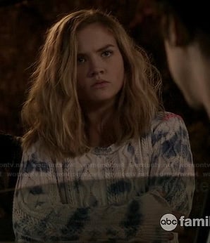 Jo's white and blue tie dyed cable knit sweater on Twisted