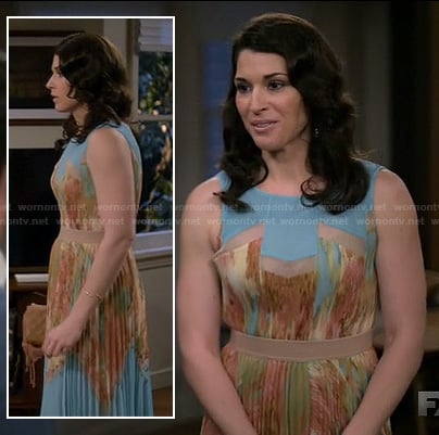 Kristens' blue floral pleated dress on Wilfred