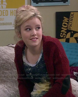 Lennox's galaxy print top and red elbow patch cardigan on Melissa and Joey
