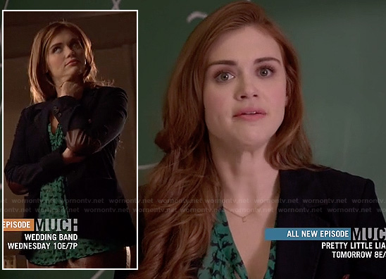 Lydia's green horse print top and elbow patch blazer on Teen Wolf