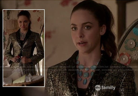 Phoebe's gold matching blazer and skirt on Twisted